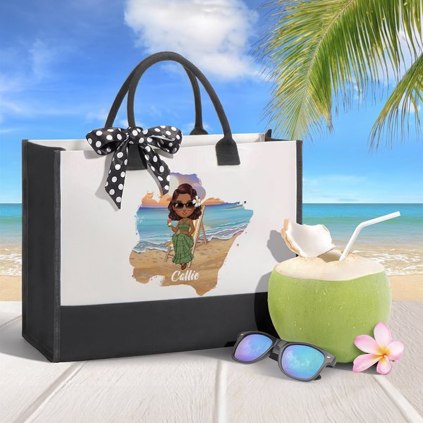 Spersonalizowana torba na płótnie Sunny Beach Style Cute Cartoon Girl Large Canvas Tote Bag z imieniem Urodziny Wakacje Impreza Prezent dla kobiet