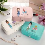 Personalizzato fiore di nascita fiocco medico personaggio dei cartoni animati scatola di gioielli in pelle PU con nome compleanno infermiera settimana regalo per il personale medico