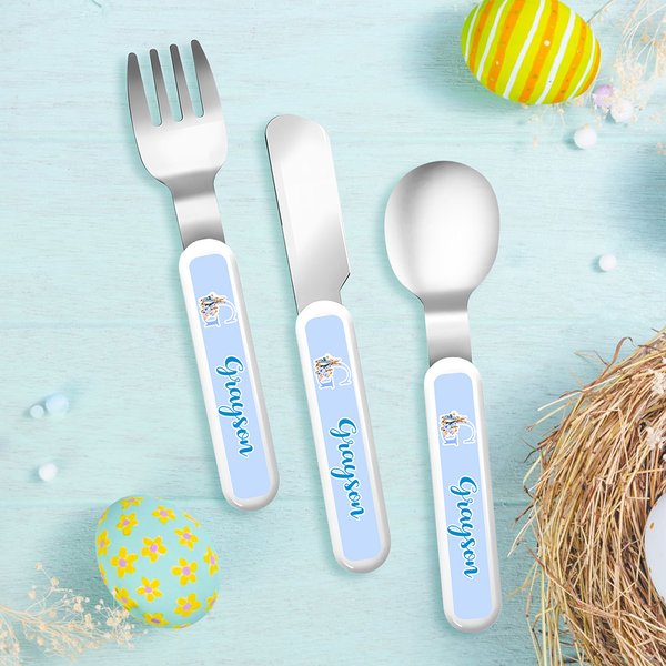 Henkilökohtainen Happy Easter Cute Bunny Floral Initial Name Kid's Fork Spoon Knife 3 Pcs ruokailuvälineet asetettu tapauksessa pääsiäinen syntymäpäivälahja pojille tytöille