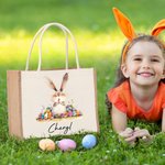 Personalized Quirky Easter Bunny Jute Tote Bag with Name Large Capacity Easter Egg Hunt Bag Gift for Kids