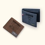 Billetera de piel personalizada para hombre con número y nombre del deporte