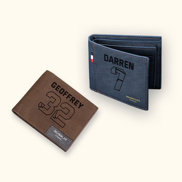 Billetera de piel personalizada para hombre con número y nombre del deporte