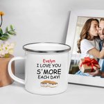Gepersonaliseerde Ik Hou Van Je Meer Leuke Cartoon Koekje 11 oz Zilver Rand Emaille Mok met Naam en Tekst Verjaardag Valentijnsdag Cadeau voor Koppels