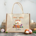 Personalized Quirky Easter Bunny Jute Tote Bag with Name Large Capacity Easter Egg Hunt Bag Gift for Kids
