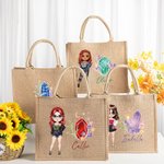 Personalisierte Cartoon Mode Mädchen Birthstone Jute Tasche mit Namen Tote Bag Reisen Zubehör Geburtstag Geschenk für Frauen
