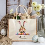 Personalized Quirky Easter Bunny Jute Tote Bag with Name Large Capacity Easter Egg Hunt Bag Gift for Kids