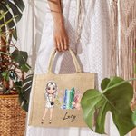 Personalisierte Cartoon Mode Mädchen Birthstone Jute Tasche mit Namen Tote Bag Reisen Zubehör Geburtstag Geschenk für Frauen