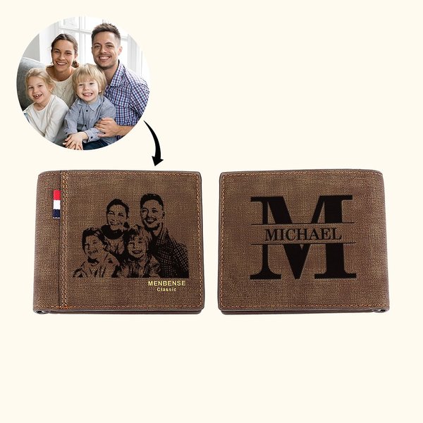 Personalized Photo Leather Men's Bifold Wallet with Engraved Text and Multiple Card Slots Father's Day Anniversary Gift for Him