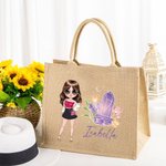 Personalisierte Cartoon Mode Mädchen Birthstone Jute Tasche mit Namen Tote Bag Reisen Zubehör Geburtstag Geschenk für Frauen