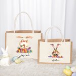 Personalized Quirky Easter Bunny Jute Tote Bag with Name Large Capacity Easter Egg Hunt Bag Gift for Kids