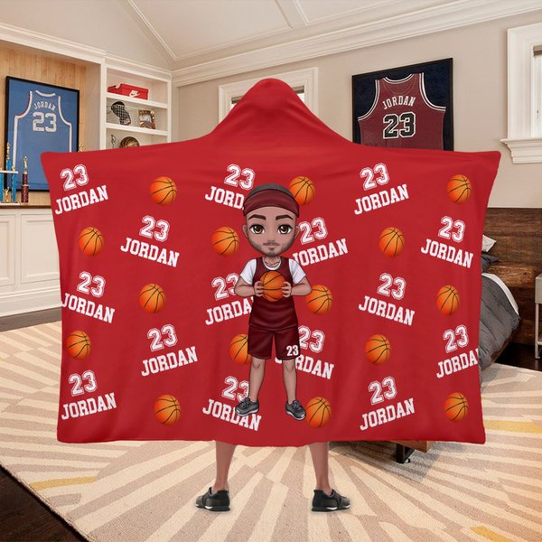 Personalizzato Multicolore Cartoon Character Balls Morbida coperta con cappuccio con nome e numero Regalo di compleanno per gli amanti dello sport