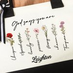 Personalizada Dios dice que eres Flor Versículo de la Biblia Bolsa de lona grande con nombre Afirmación positiva Regalo religioso para cristiano