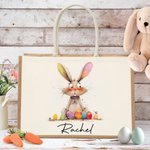 Personalized Quirky Easter Bunny Jute Tote Bag with Name Large Capacity Easter Egg Hunt Bag Gift for Kids