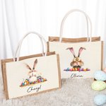 Personalized Quirky Easter Bunny Jute Tote Bag with Name Large Capacity Easter Egg Hunt Bag Gift for Kids