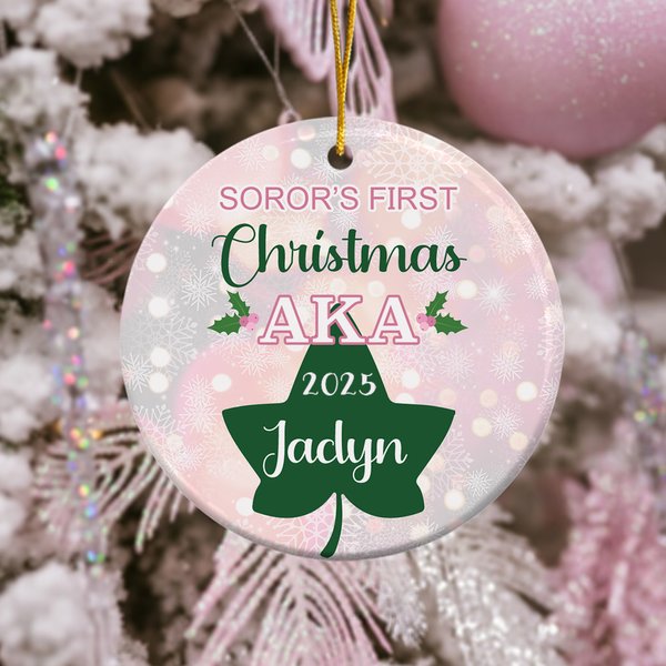 Personalized Pink and Green AKA Snowflake Ceramic Christmas Ornament with Name and Year Soror's First Christmas Home Decor Gift for Sisters Friends