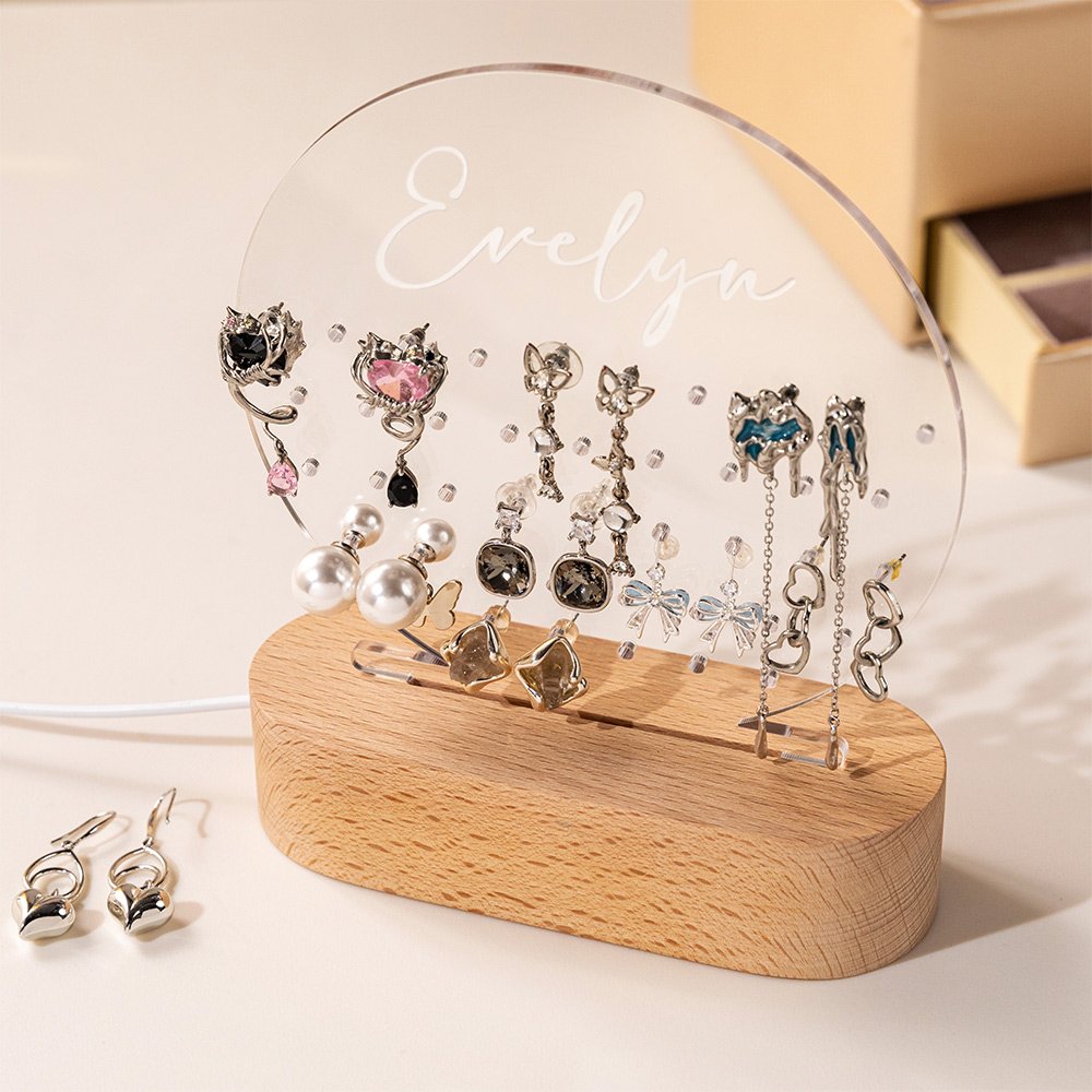 Personalized Heart Shaped Round LED Acrylic Earring Holder with Name and Wooden Base Birthday Earrings Storage Versatile Home Decor Gift for Women 3
