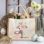 Personalisiertes Tote Bag Jute-Tasche Cartoon Charakter Kreuz 1-5 Geburtsblumen mit Namen Ostern Geburtstag Religiöses Geschenk für Familie Christian