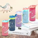 Corona di foglie floreali personalizzata Croce 12 oz Nome Bottiglia d'acqua isolata con cannuccia in silicone e coperchio a prova di fuoriuscita Prima Comunione Regalo di battesimo per bambini