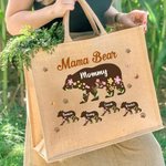 Personalized Floral Cute Bear Paw Print Jute Tote Bag with Title and 1-12 Names Mother's Day Birthday Gift for Mom Grandma