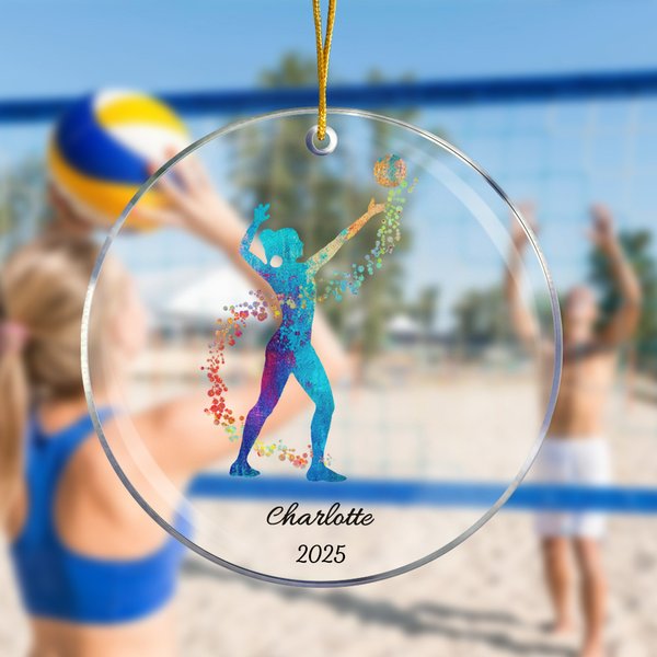 Ornamento acrílico personalizado en acuarela con silueta de jugadora de voleibol con nombre y año Decoración del árbol de Navidad Regalo deportivo para los amantes del voleibol