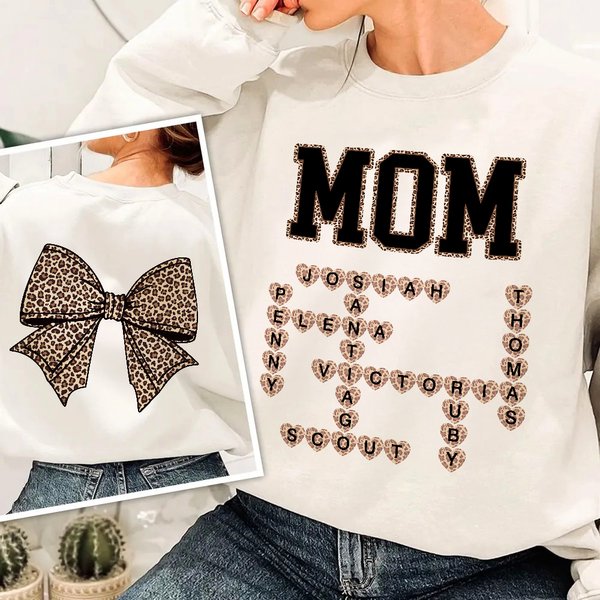 Personalised Funny Leopard Bow Crossword Puzzle T-shirt Sweatshirt with Name Mother's Day Birthday Gift for Mom Grandma