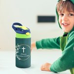 Corona di foglie floreali personalizzata Croce 12 oz Nome Bottiglia d'acqua isolata con cannuccia in silicone e coperchio a prova di fuoriuscita Prima Comunione Regalo di battesimo per bambini