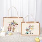Personalisiertes Tote Bag Jute-Tasche Cartoon Charakter Kreuz 1-5 Geburtsblumen mit Namen Ostern Geburtstag Religiöses Geschenk für Familie Christian