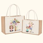Personalisiertes Tote Bag Jute-Tasche Cartoon Charakter Kreuz 1-5 Geburtsblumen mit Namen Ostern Geburtstag Religiöses Geschenk für Familie Christian