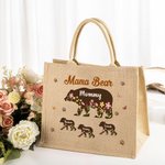 Personalized Floral Cute Bear Paw Print Jute Tote Bag with Title and 1-12 Names Mother's Day Birthday Gift for Mom Grandma