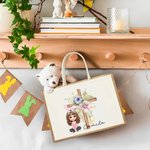 Personalisiertes Tote Bag Jute-Tasche Cartoon Charakter Kreuz 1-5 Geburtsblumen mit Namen Ostern Geburtstag Religiöses Geschenk für Familie Christian