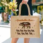 Personalized Floral Cute Bear Paw Print Jute Tote Bag with Title and 1-12 Names Mother's Day Birthday Gift for Mom Grandma