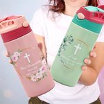 Corona di foglie floreali personalizzata Croce 12 oz Nome Bottiglia d'acqua isolata con cannuccia in silicone e coperchio a prova di fuoriuscita Prima Comunione Regalo di battesimo per bambini