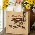 Personalized Floral Cute Bear Paw Print Jute Tote Bag with Title and 1-12 Names Mother's Day Birthday Gift for Mom Grandma