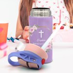 Corona di foglie floreali personalizzata Croce 12 oz Nome Bottiglia d'acqua isolata con cannuccia in silicone e coperchio a prova di fuoriuscita Prima Comunione Regalo di battesimo per bambini
