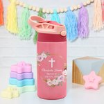 Corona di foglie floreali personalizzata Croce 12 oz Nome Bottiglia d'acqua isolata con cannuccia in silicone e coperchio a prova di fuoriuscita Prima Comunione Regalo di battesimo per bambini