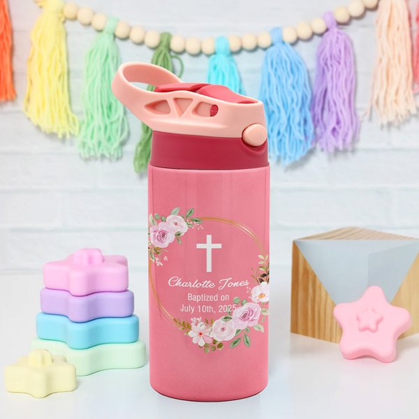 Corona di foglie floreali personalizzata Croce 12 oz Nome Bottiglia d'acqua isolata con cannuccia in silicone e coperchio a prova di fuoriuscita Prima Comunione Regalo di battesimo per bambini
