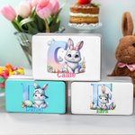 Scatola di latta per la conservazione dei biscotti in metallo con iniziali e nome, regalo di compleanno e di Pasqua per bambini.