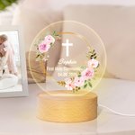 Personalized Flower Leaf Wreath Cross LED Night Light with Text and Wooden Base Home Decor Baptism Confirmation Baby Shower Gift for Kids