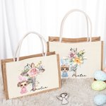 Personalisiertes Tote Bag Jute-Tasche Cartoon Charakter Kreuz 1-5 Geburtsblumen mit Namen Ostern Geburtstag Religiöses Geschenk für Familie Christian