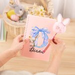 Personalized Cute Easter Bunny Initial A5 Lined Page Spiral Notebook with Name and Bunny Pom Pen Easter Back to School Gift for Kids