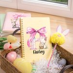 Personalized Cute Easter Bunny Initial A5 Lined Page Spiral Notebook with Name and Bunny Pom Pen Easter Back to School Gift for Kids
