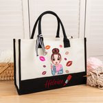 Spersonalizowana moda Cartoon Girl Lipstick Design Duża płócienna torba z imieniem Prezent urodzinowy dla kobiet Dziewczyny