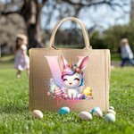 Personalized Fantasy Unicorn Dinosaur Initial Large Jute Tote Bag with Name Easter Egg Hunting Party Gift for Boys Girls