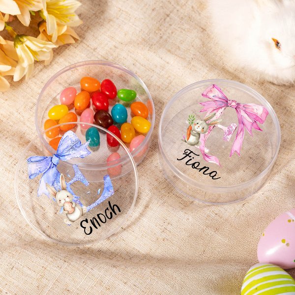 Conejito de Pascua personalizado Lazo con iniciales Caja redonda transparente para caramelos con nombre Cesta de vacaciones Rellenos Fiesta de Pascua Regalo para niños