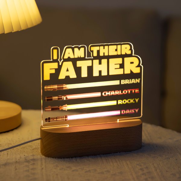Gepersonaliseerd lichtzwaard Ik ben hun vader LED-nachtlampje met 1-7 kindernamen en houten voet Vaderdag Home Decor Verjaardagscadeau voor vader