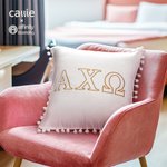 Funda de cojín lumbar de terciopelo con bordado de letras griegas de hermandad de mujeres personalizada con flecos de pompones para regalo de cumpleaños para amiga | Callie × Affinity Licensing