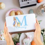 Caja de latas para galletas personalizada con el Peter Rabbit inicial y nombre contenedor de uso alimentario regalo de Pascua para niños y amigos
