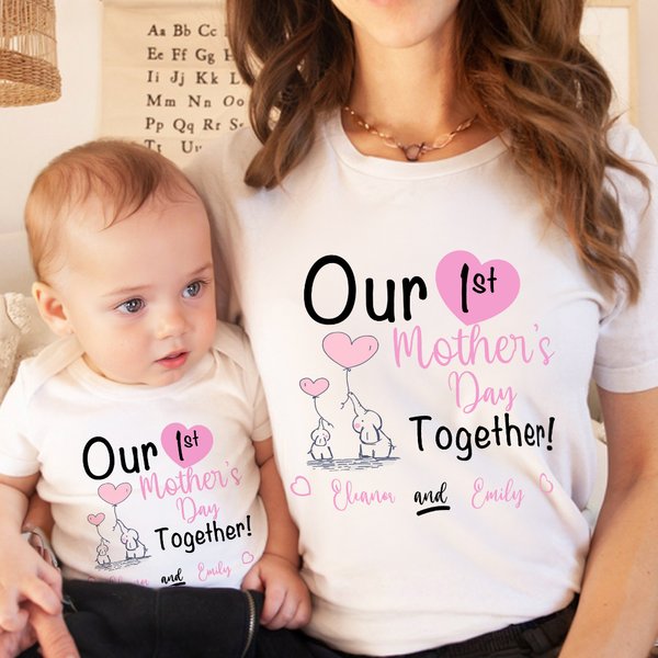 Personalized Cute Elephant Heart Balloon 100% Cotton T-shirt Baby Bodysuit with Name Birthday 1st Mother's Day Gift for Baby Mother