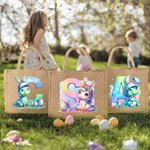 Personalized Fantasy Unicorn Dinosaur Initial Large Jute Tote Bag with Name Easter Egg Hunting Party Gift for Boys Girls