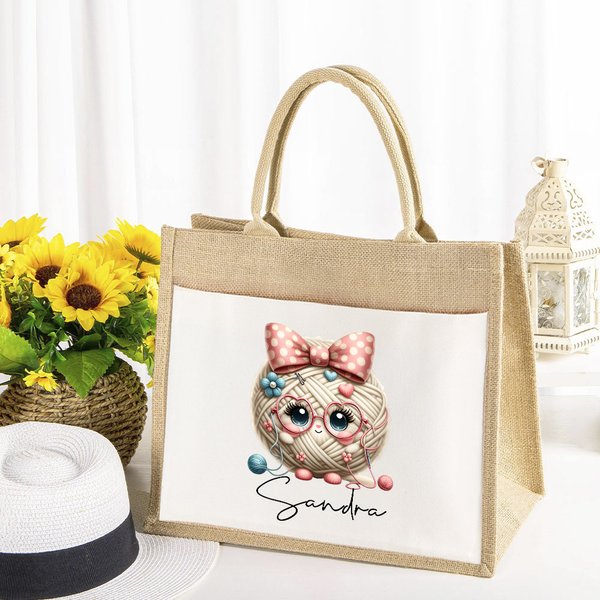 Sac en toile de jute avec nom Accessoires de voyage Anniversaire Cadeau de vacances pour les amoureux du tricot Femmes